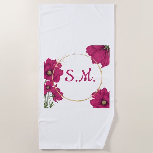 Pink Floral Gold Circle Beach Towel ビーチタオル (正面)