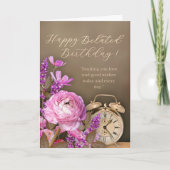Pink Floral Gold Clock Belated Birthday Card カード (正面)