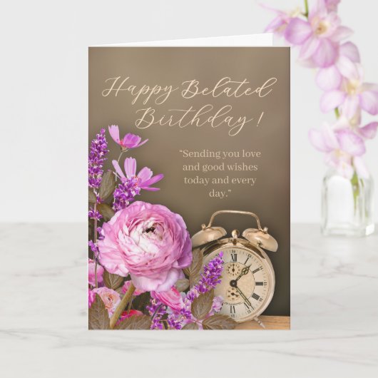 Pink Floral Gold Clock Belated Birthday Card カード (蘭)