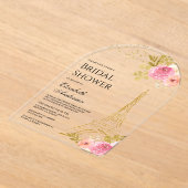 Pink Floral Gold Eiffel Tower Arch Bridal Shower アクリル招待状 (レイダウン)