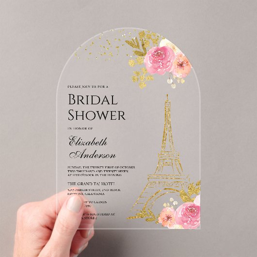 Pink Floral Gold Eiffel Tower Arch Bridal Shower アクリル招待状 (インサイチュ (ポータブル))