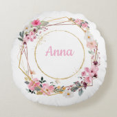 Pink Floral Gold Geometric Decorative Pillow ラウンドクッション (正面)