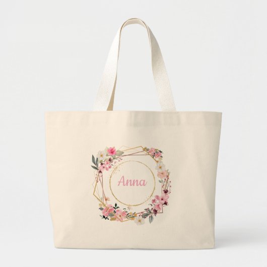 Pink Floral Gold Geometric Tote Bag ラージトートバッグ (正面)
