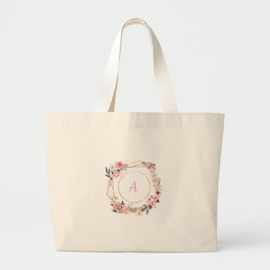 Pink Floral Gold Geometric Tote Bag ラージトートバッグ (正面)