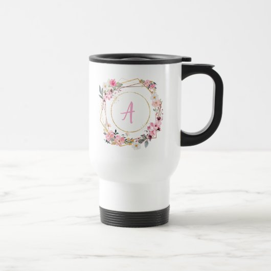 Pink Floral Gold Geometric Travel Mug トラベルマグ (右)