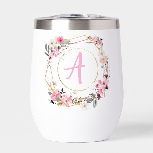 Pink Floral Gold Geometric Wine Tumbler (正面)