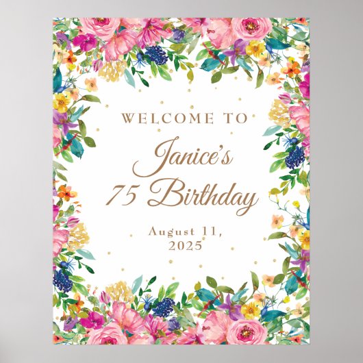 Pink Floral Gold Glitter 75th Birthday Welcome  ポスター (正面)