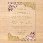 Pink Floral Gold Lace Muslim Wedding アクリル招待状 (正面)