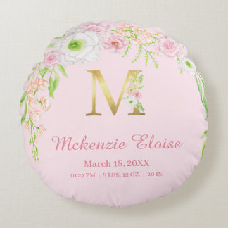 Pink Floral Gold Monogram "M" Baby Girl Stats ラウンドクッション