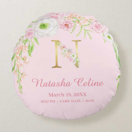 Pink Floral Gold Monogram "N" Baby Girl Stats ラウンドクッション (正面)