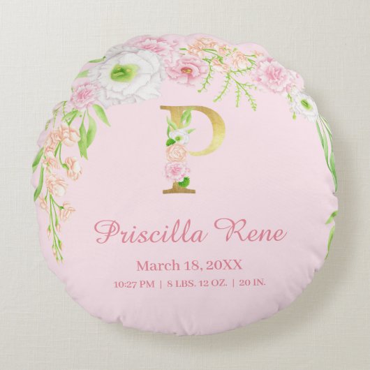Pink Floral Gold Monogram "P" Baby Girl Stats ラウンドクッション (正面)