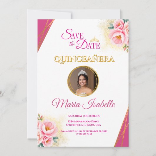 Pink Floral & Gold Quinceañera Save the Date Card 招待状 (正面)