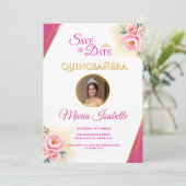 Pink Floral & Gold Quinceañera Save the Date Card 招待状 (スタンド正面)