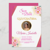 Pink Floral & Gold Quinceañera Save the Date Card 招待状 (正面/裏面)