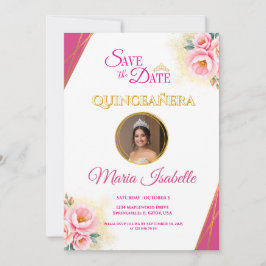 Pink Floral & Gold Quinceañera Save the Date Card 招待状