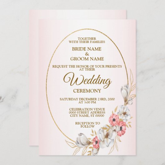 Pink Floral Golden Geometric Peach Wedding 招待状 (正面/裏面)