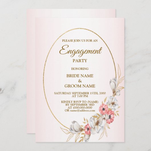 Pink Floral Golden Peach Modern Engagement Party 招待状 (正面/裏面)