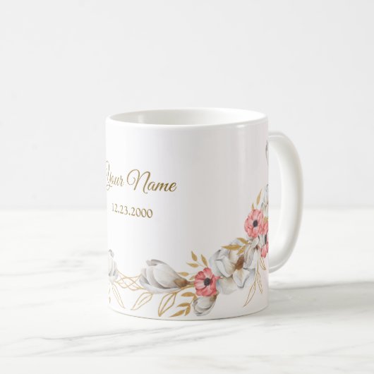 Pink Floral Golden Peach Modern Wedding Gift コーヒーマグカップ (正面右)