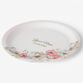 Pink Floral Golden Peach Modern Wedding Party ペーパープレート (アングル)