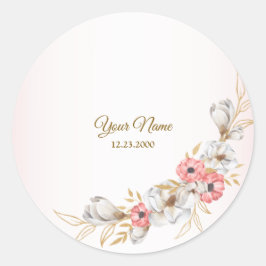 Pink Floral Golden Peach Modern Wedding Party ラウンドシール