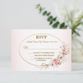 Pink Floral Golden Peach Modern Wedding Party 出欠カード (スタンド正面)