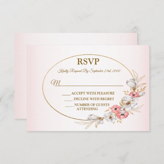 Pink Floral Golden Peach Modern Wedding Party 出欠カード (正面/裏面)