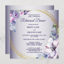 Pink Floral Golden Purple Wedding Rehearsal Dinner 招待状