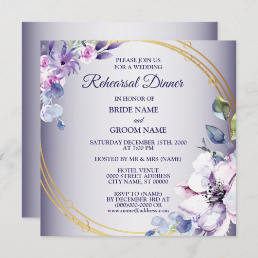 Pink Floral Golden Purple Wedding Rehearsal Dinner 招待状 (正面/裏面)