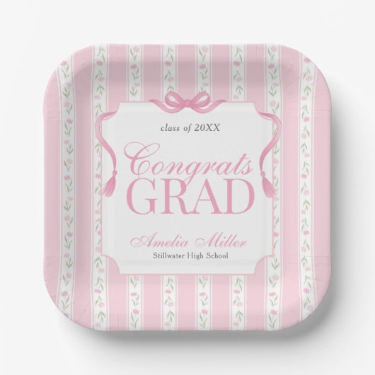 Pink Floral Graduation ペーパープレート (正面)