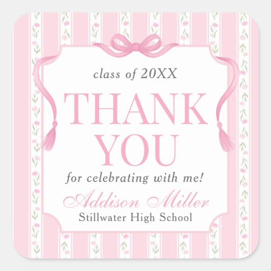 Pink Floral Graduation Announcement  スクエアシール (正面)