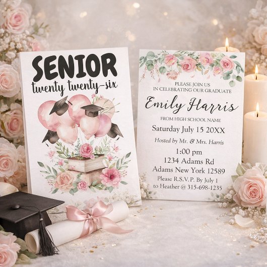 Pink Floral Graduation Party Invitation カード
