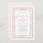 Pink Floral Grandmillenial Baby Shower Gingham 招待状 (正面/裏面)