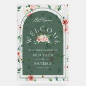 Pink Floral Green Arch Muslim Wedding Welcome アクリルサイン (正面)