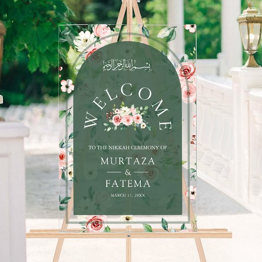 Pink Floral Green Arch Muslim Wedding Welcome アクリルサイン