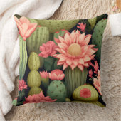 Pink Floral Green Cactus Black Desert Bohemian クッション (ブランケット)