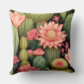 Pink Floral Green Cactus Black Desert Bohemian クッション (裏面)