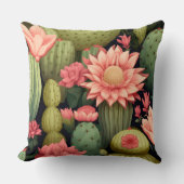 Pink Floral Green Cactus Black Desert Bohemian クッション (正面)