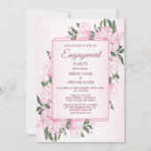 Pink Floral Green Leaves Elegant Engagement Party 招待状 (正面)