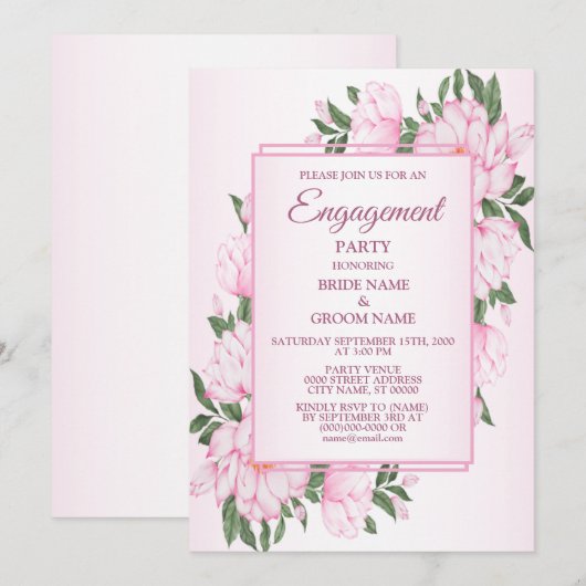 Pink Floral Green Leaves Elegant Engagement Party 招待状 (正面/裏面)