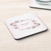 Pink Floral Green Leaves Elegant Wedding Party コースター (左側)