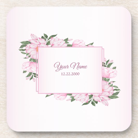 Pink Floral Green Leaves Elegant Wedding Party コースター (正面)