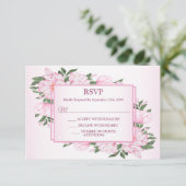 Pink Floral Green Leaves Elegant Wedding Party 出欠カード (スタンド正面)