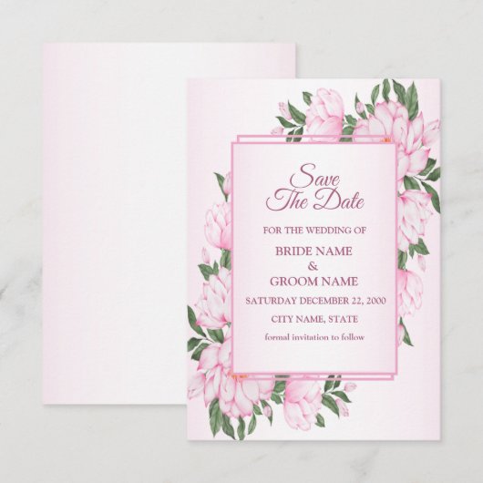 Pink Floral Green Leaves Frame Elegant Wedding セーブザデート (正面/裏面)