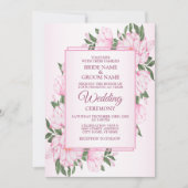 Pink Floral Green Leaves Frame Elegant Wedding 招待状 (正面)