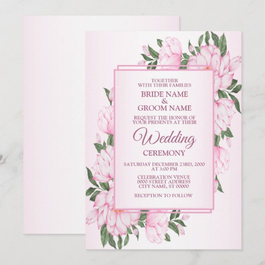 Pink Floral Green Leaves Frame Elegant Wedding 招待状 (正面/裏面)