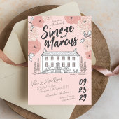 Pink Floral Hand Drawn Tuscan Villa Unique Wedding 招待状