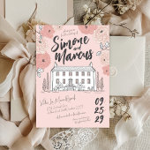 Pink Floral Hand Drawn Tuscan Villa Unique Wedding 招待状