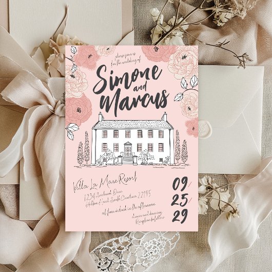 Pink Floral Hand Drawn Tuscan Villa Unique Wedding 招待状