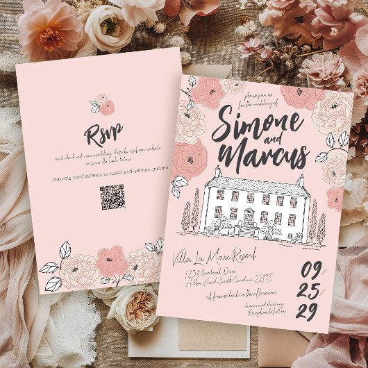 Pink Floral Hand Drawn Tuscan Villa Unique Wedding 招待状