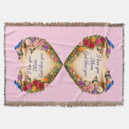 Pink Floral Heart “I Love You Mom.." Throw Blanket スローブランケット (正面)